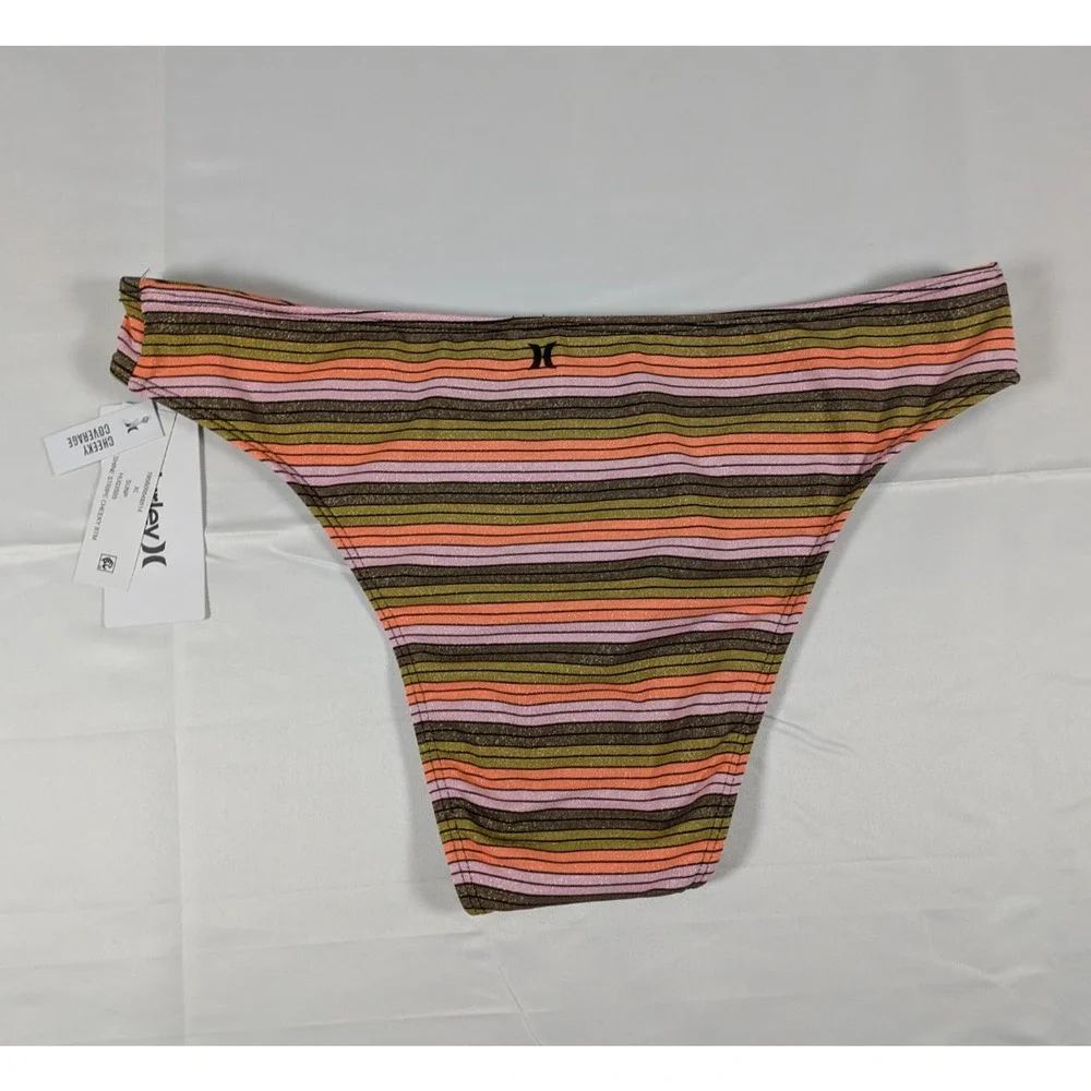 NWT Hurley Cheeky Bikini Bottom Womens XS Sunset Shine Stripe Mid Rise Swim Surf